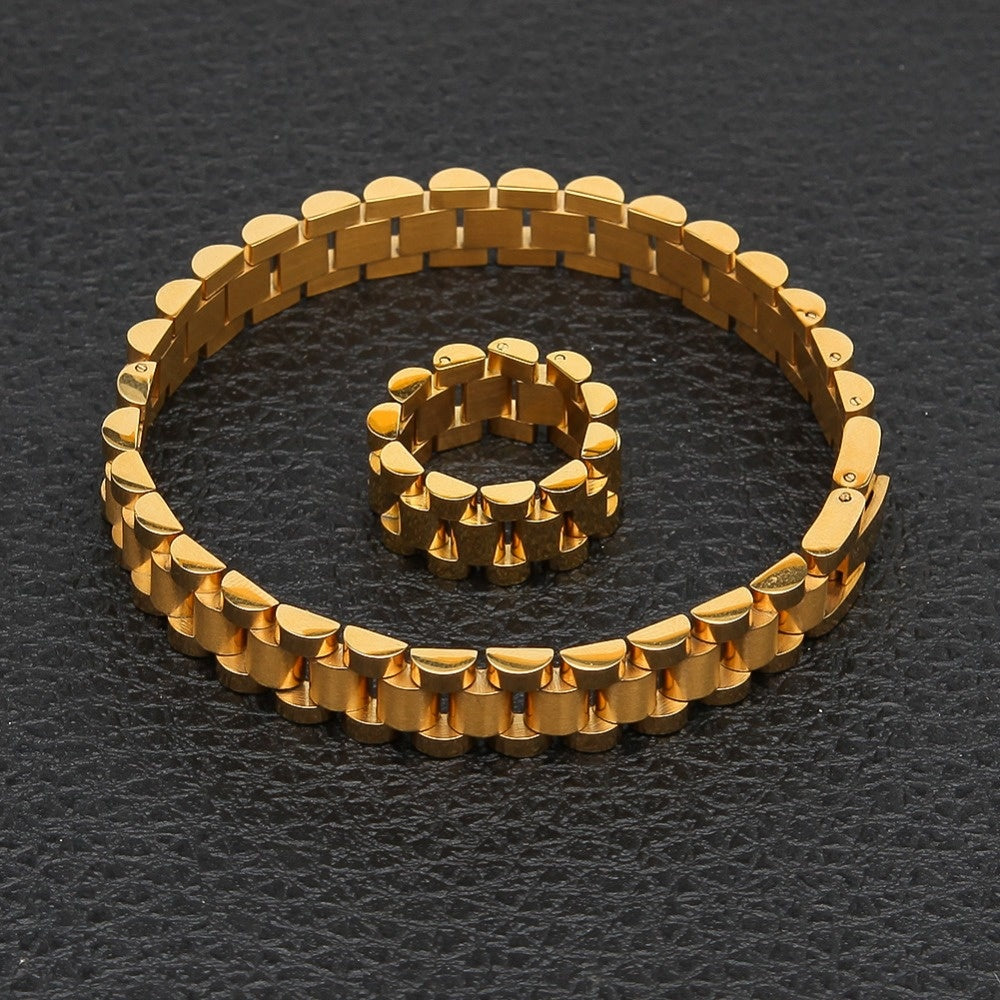 10mm Wristband Link Bracelet And 10mm 8-12 Adjustable Size Ring Stainless Steel Silver Gold Color Bracelets/Rings Set