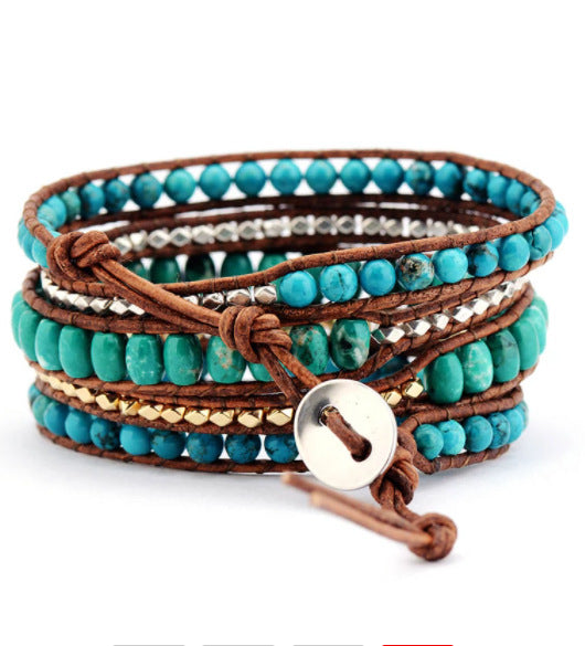 Bohemian Style Cut Angle Turquoise Bracelet Ornament Three-layer Winding Handmade Woven Leather String Bracelet