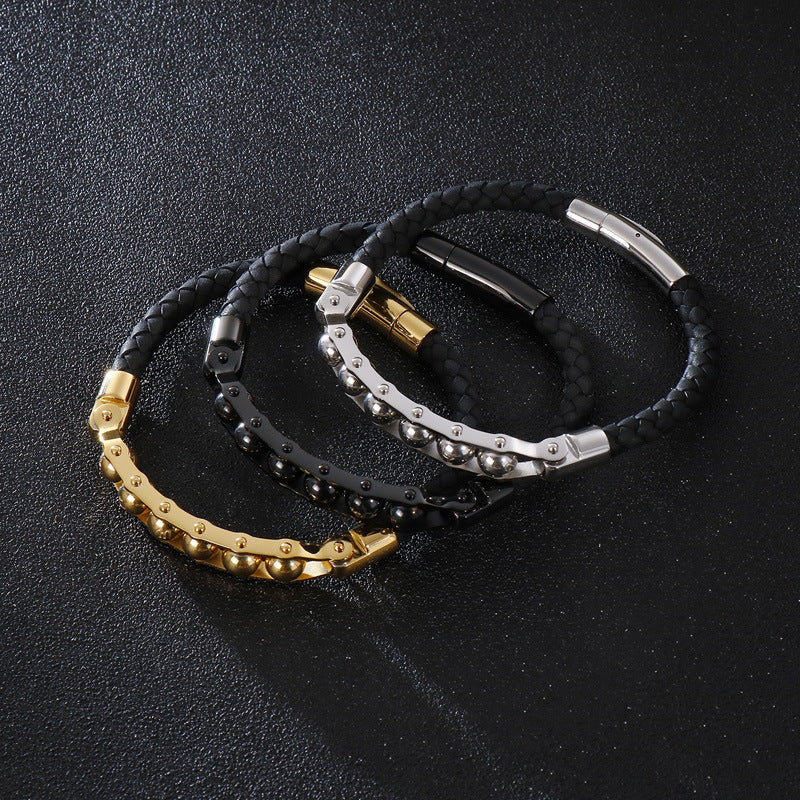 Men's Rotatable Stainless Steel Braided Leather Bracelet
