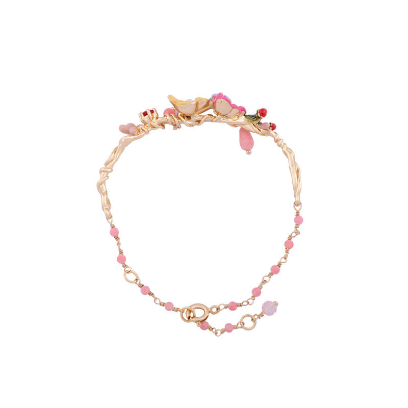 Pink enamel peony flower branch gold-plated zircon bracelet
