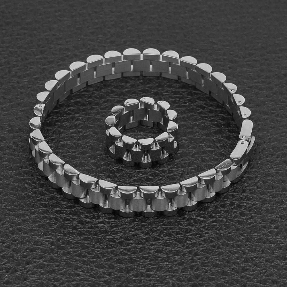 10mm Wristband Link Bracelet And 10mm 8-12 Adjustable Size Ring Stainless Steel Silver Gold Color Bracelets/Rings Set