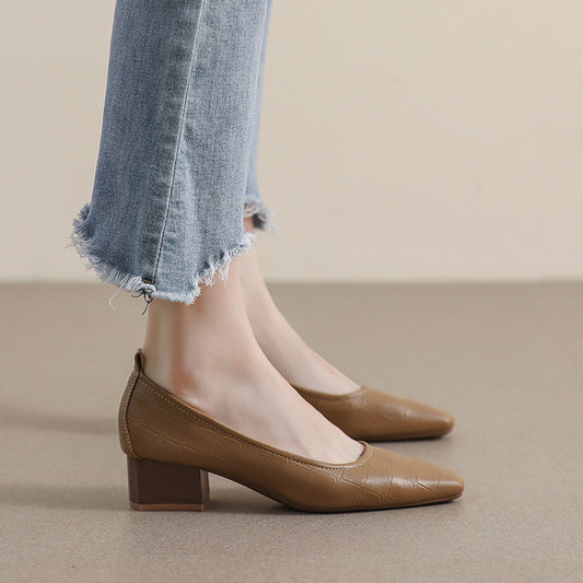 Spring And Autumn High Heels Square Toe Chunky Heel