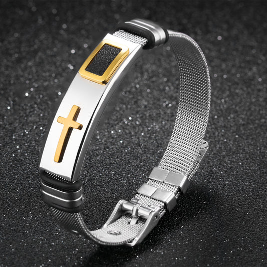 YiKLN Punk Design Cross Bracelet Bangle For Man Party Gift Stainless Steel Gold Black Colors Bracelet Adjustable Chain OGH878