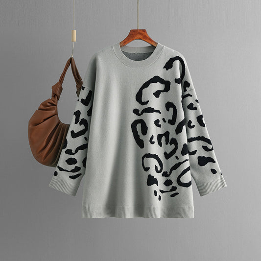 Knitted Brocade Sweater Women's Round Neck Pullover Leopard Print