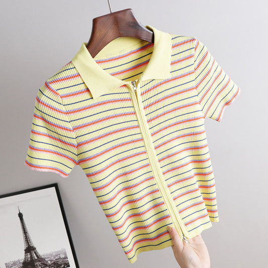 Polo Neck Striped Short Sleeve T-Shirt