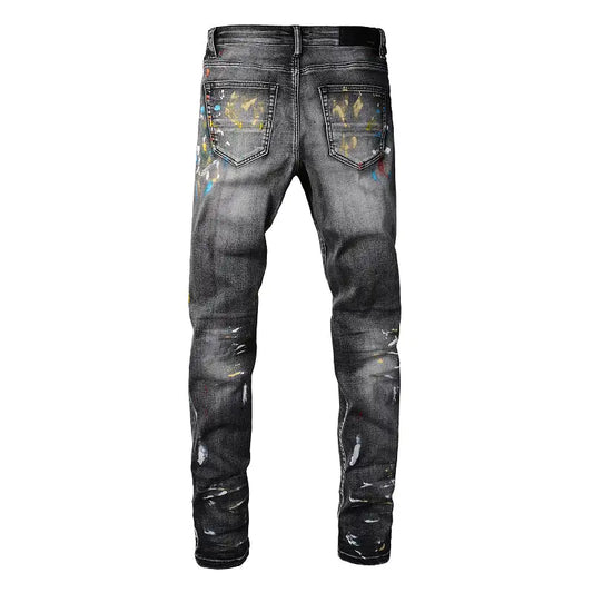 Men Speckle Ink Printed Vintage Pleated Ripped Jeans