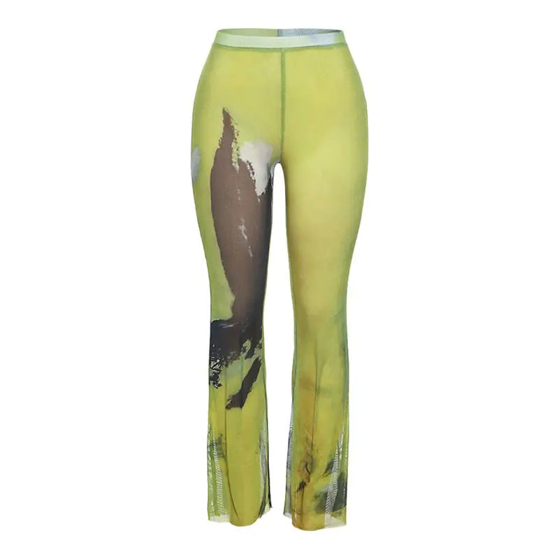 Printed Mesh Flare Leg Pants