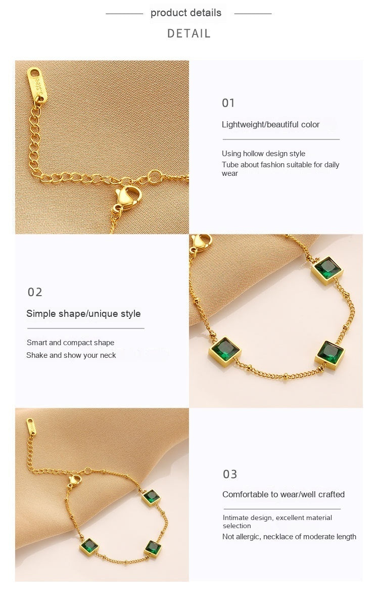 Niche Design Gold Square Emerald Zircon Titanium Steel Bracelet