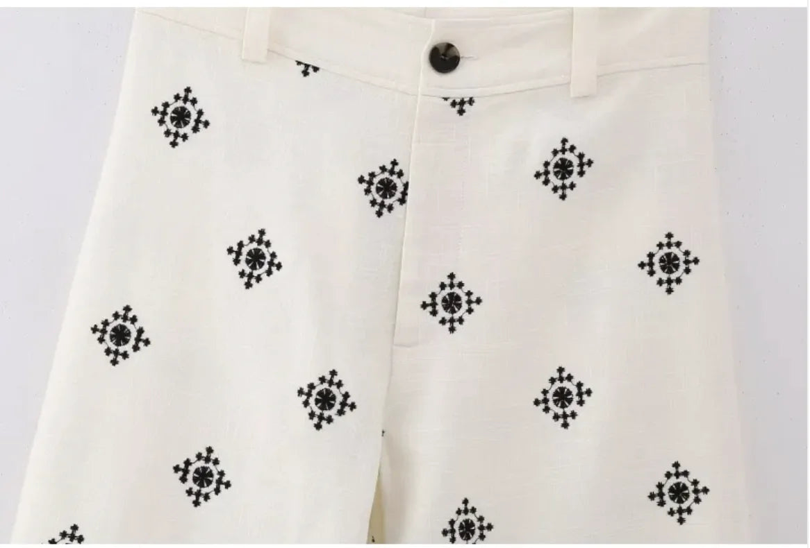 High-Waist Printed Linen Wide-Leg Pants