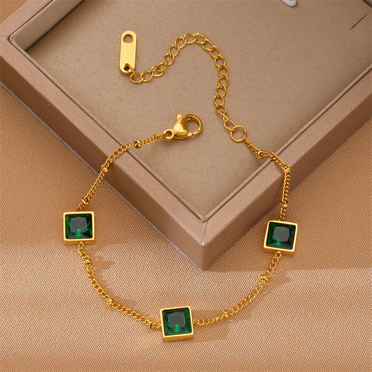 Niche Design Gold Square Emerald Zircon Titanium Steel Bracelet