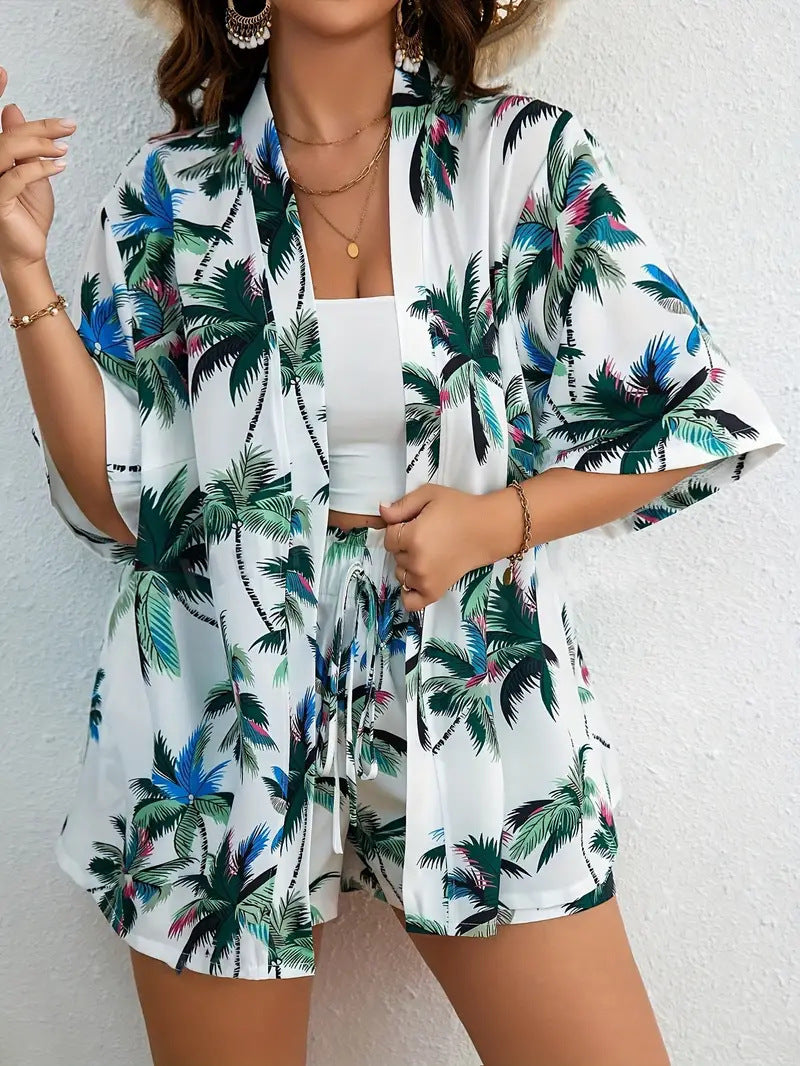 Holiday Floral Print Elegant Two-piece Shirt Short Sleeve Top Drawstring High Waist Shorts