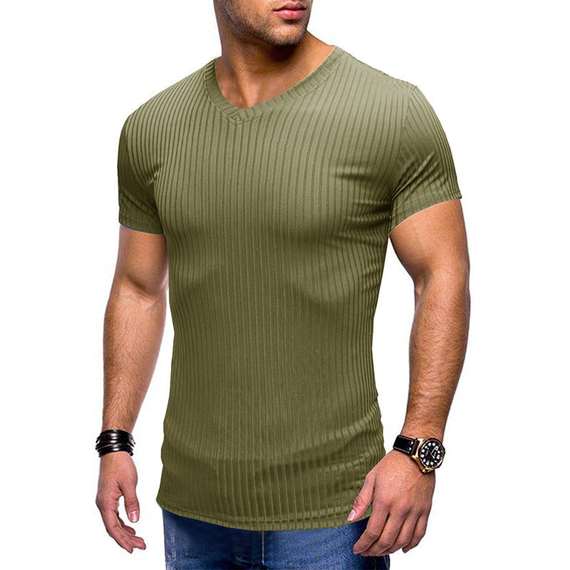 Solid Color Small V Neck European And American Men's T-shirt