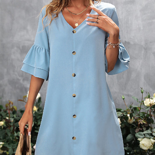Women's Solid Color And V-neck Loose Dress