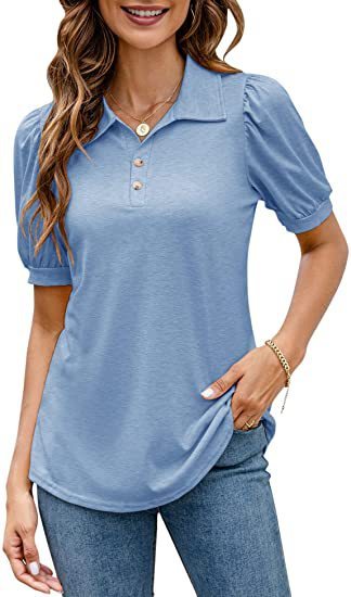 Polo Shirt Button Down Neck Puff Sleeve Loose T Shirt Shirt