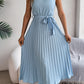 Women's Stand Collar Sleeveless Cinched Pleated Long Dress