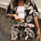 Holiday Floral Print Elegant Two-piece Shirt Short Sleeve Top Drawstring High Waist Shorts