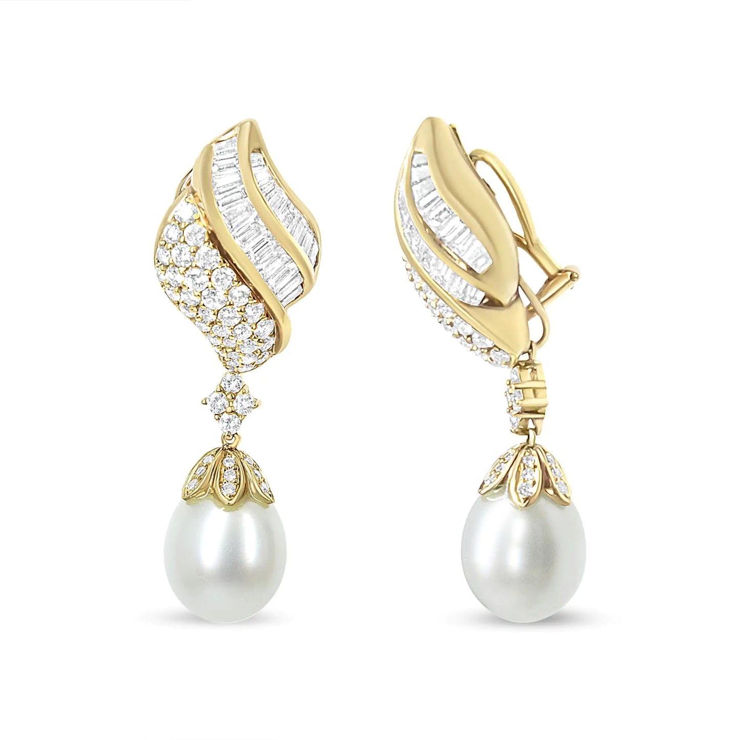 18k Yellow Gold 7.0 Cttw Baguette and Round Diamond South Sea Pearl Drop Dangle Clip-On Earrings (F-G Color, VS1-VS2 Clarity)