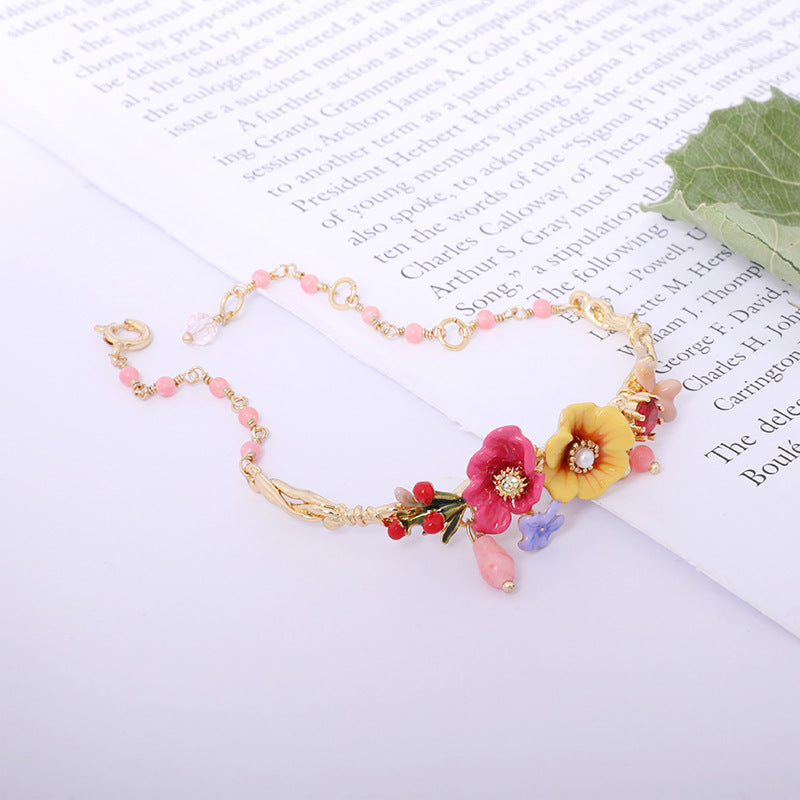 Pink enamel peony flower branch gold-plated zircon bracelet