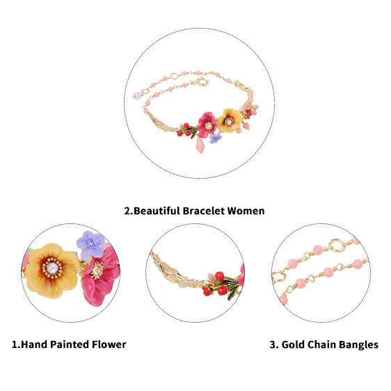 Pink enamel peony flower branch gold-plated zircon bracelet