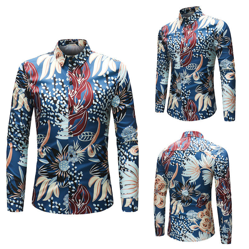 Men's long-sleeved shirt aquatic pattern men's shirt