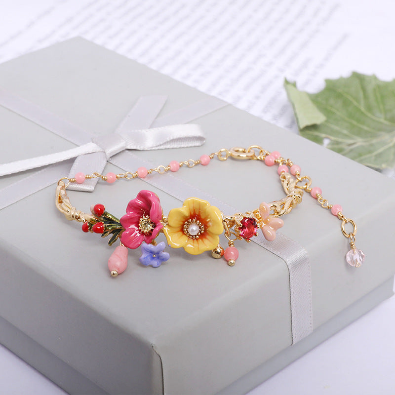 Pink enamel peony flower branch gold-plated zircon bracelet