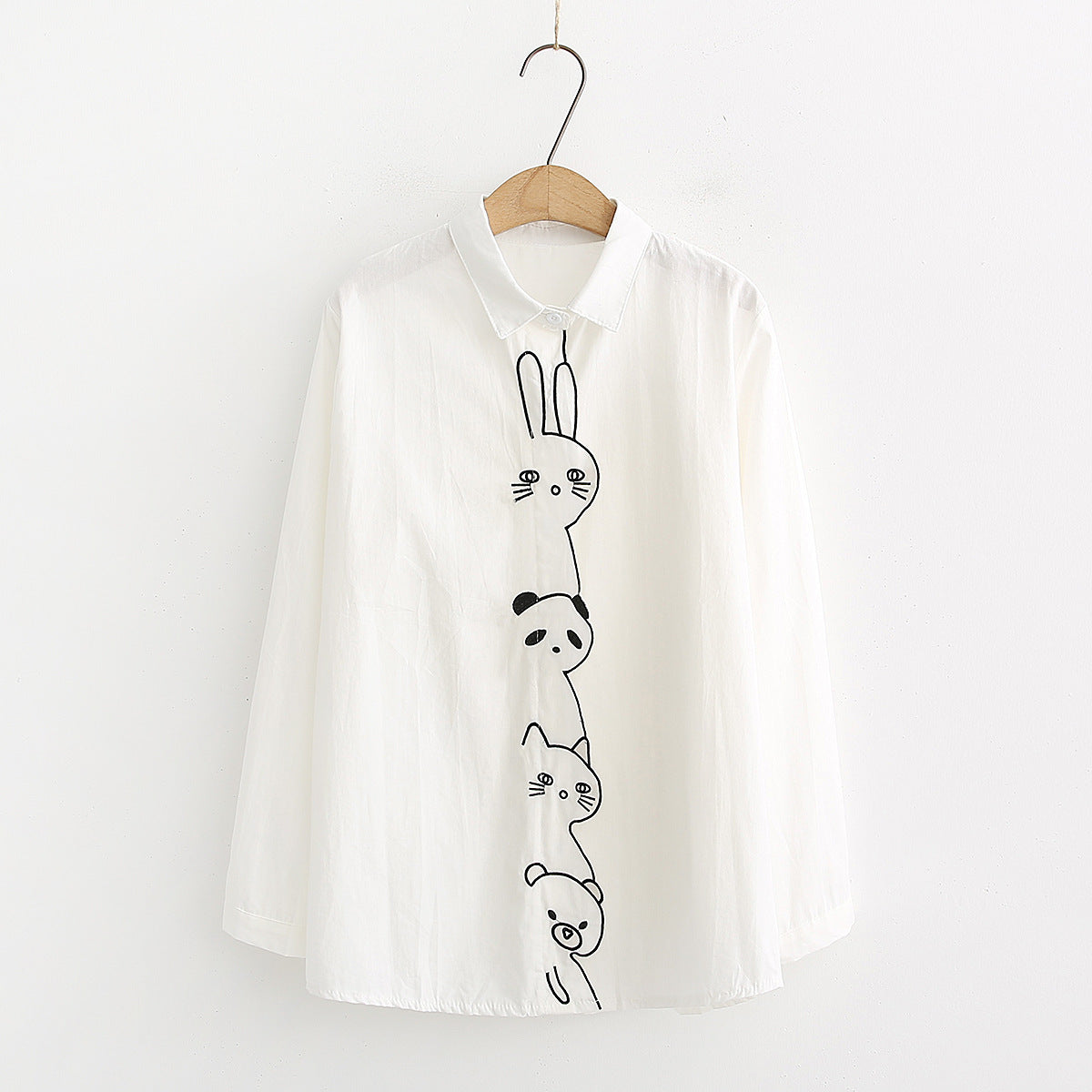 Placket Animal Embroidery White Shirt Base Shirt