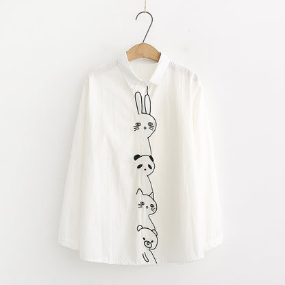 Placket Animal Embroidery White Shirt Base Shirt