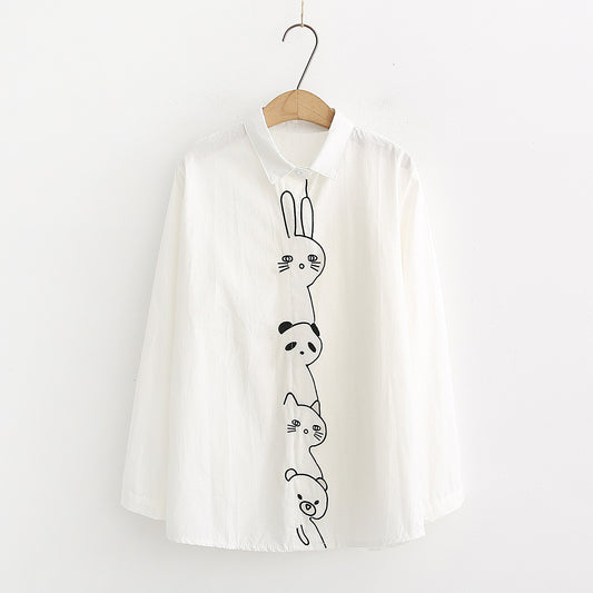 Placket Animal Embroidery White Shirt Base Shirt