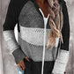 Paneled long-sleeved hooded striped zipper sweater