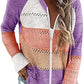 Paneled long-sleeved hooded striped zipper sweater