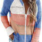 Paneled long-sleeved hooded striped zipper sweater