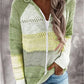 Paneled long-sleeved hooded striped zipper sweater