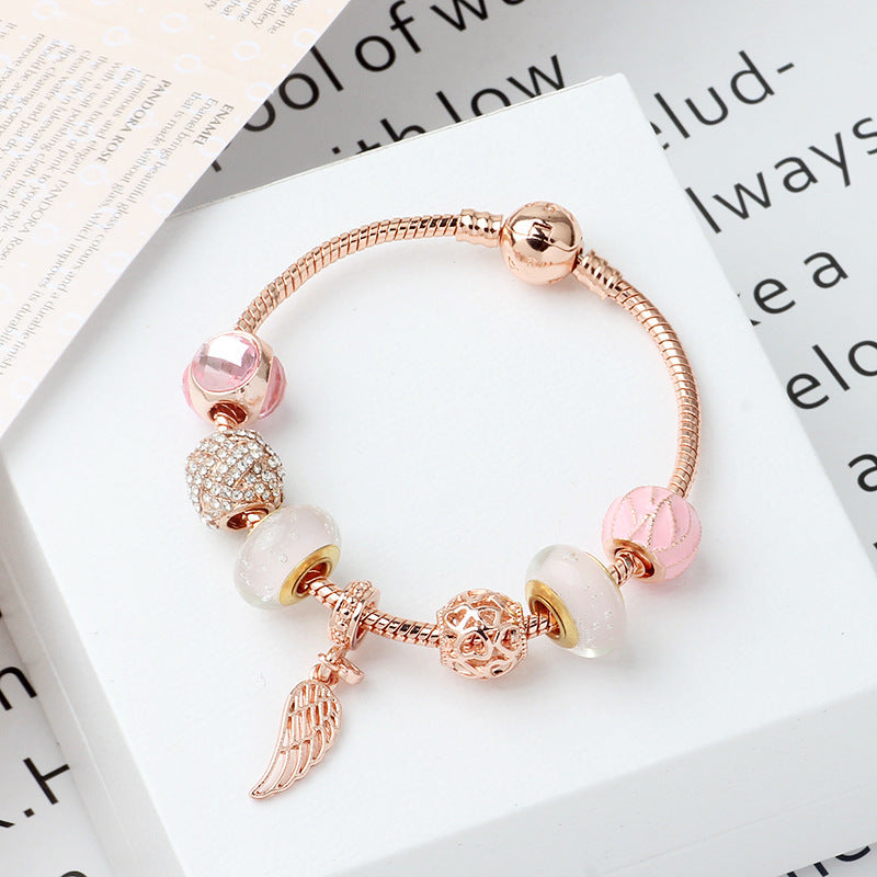 Rose Gold Glass Bead Bracelet Angel Wing Pendant Bracelet