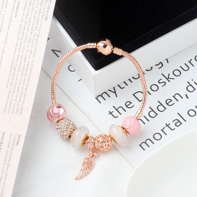 Rose Gold Glass Bead Bracelet Angel Wing Pendant Bracelet