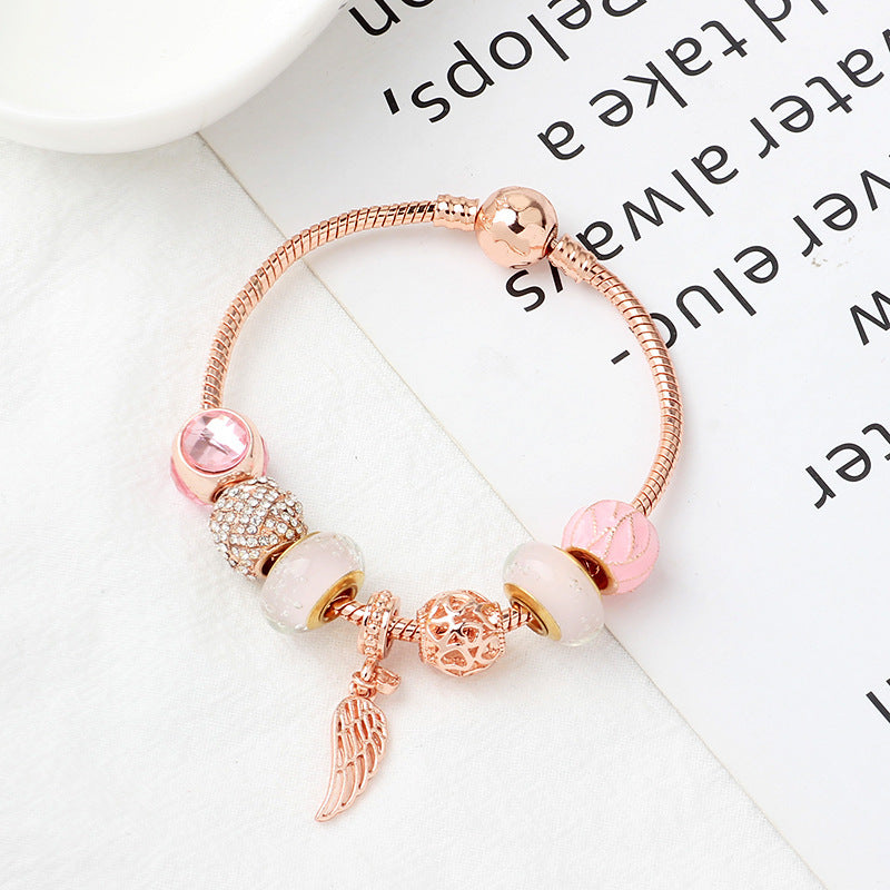 Rose Gold Glass Bead Bracelet Angel Wing Pendant Bracelet