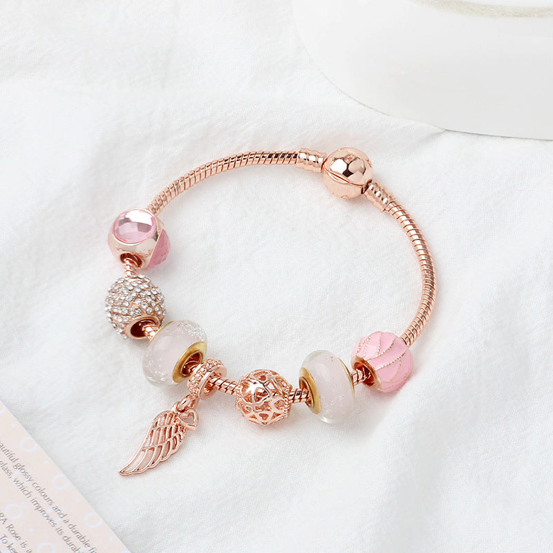 Rose Gold Glass Bead Bracelet Angel Wing Pendant Bracelet
