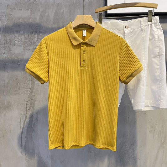 Luud Soft Waxy Cord Silk Lapel Short-Sleeved Shirt Men'S Comfortable All-Match T-Shirt Summer Self-Cultivation Breathable Polo Shirt Tide