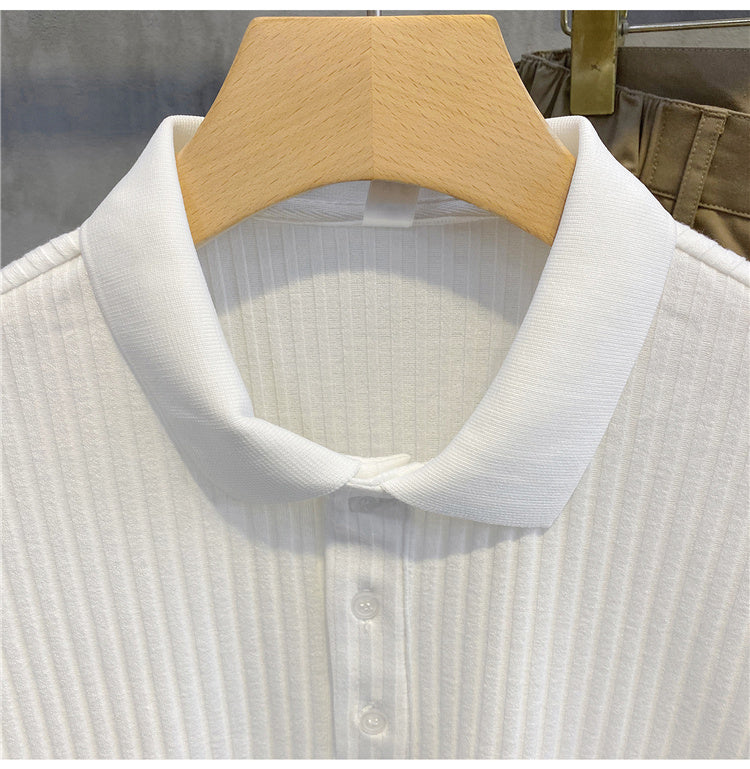 Luud Soft Waxy Cord Silk Lapel Short-Sleeved Shirt Men'S Comfortable All-Match T-Shirt Summer Self-Cultivation Breathable Polo Shirt Tide
