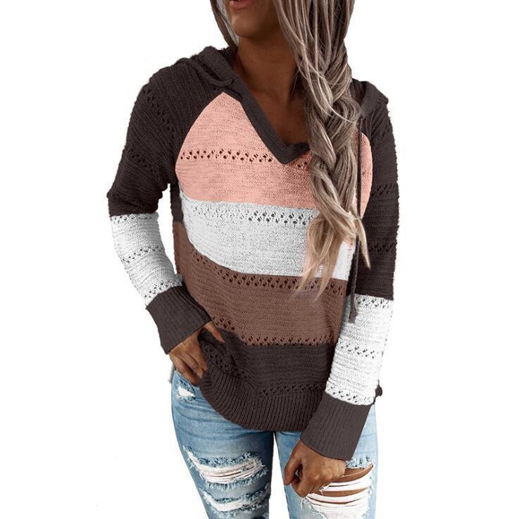 Paneled long-sleeved hooded striped zipper sweater