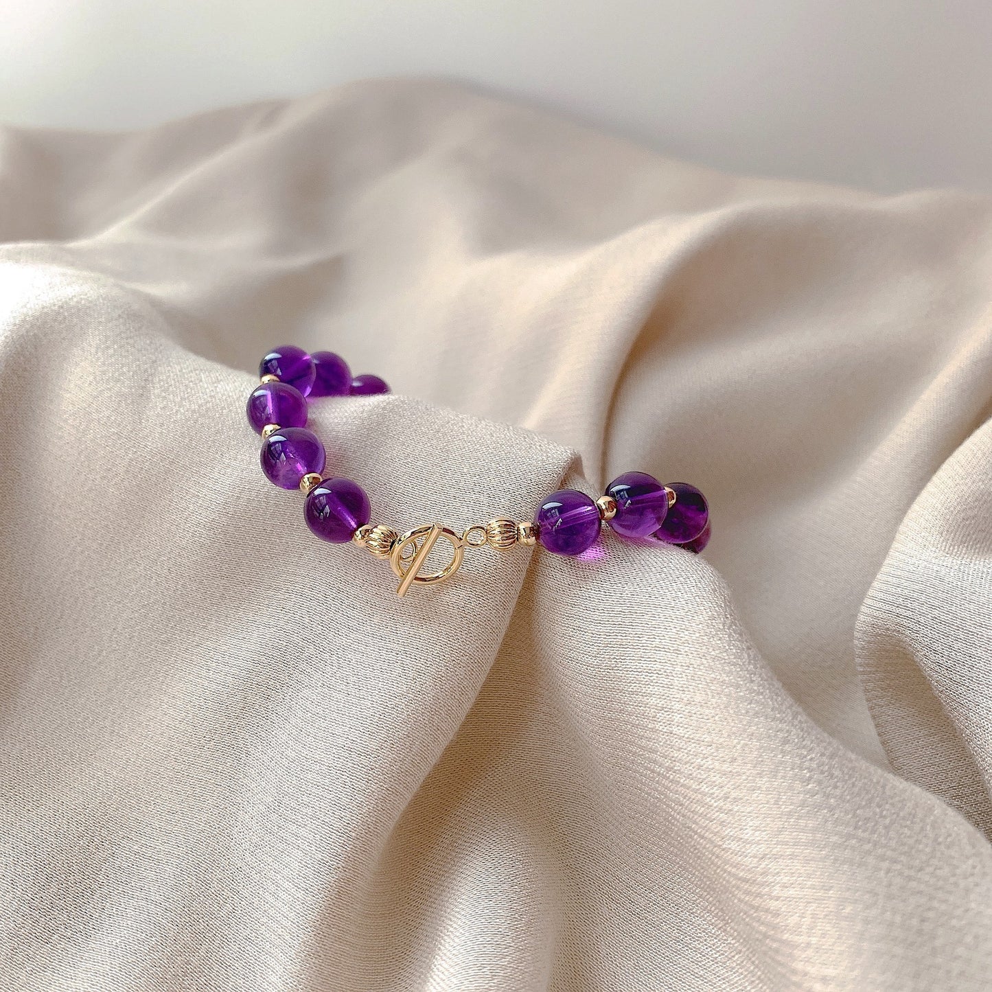 Original Design Natural Amethyst Ot Buckle Bracelet Love Pendant 14K Gold Hand-Made Korean Simple Bracelet Female