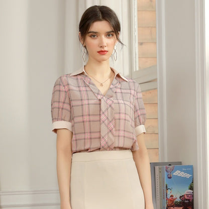 Chiffon Shirt Inch Shirt Short-sleeved Fashion  Plaid Shirt Women