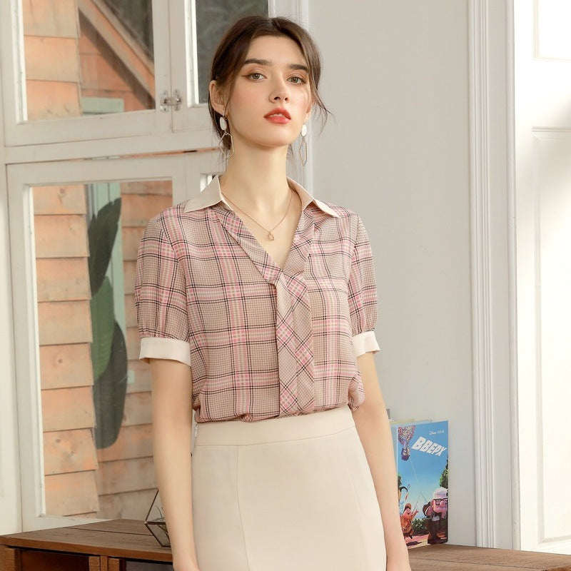Chiffon Shirt Inch Shirt Short-sleeved Fashion  Plaid Shirt Women