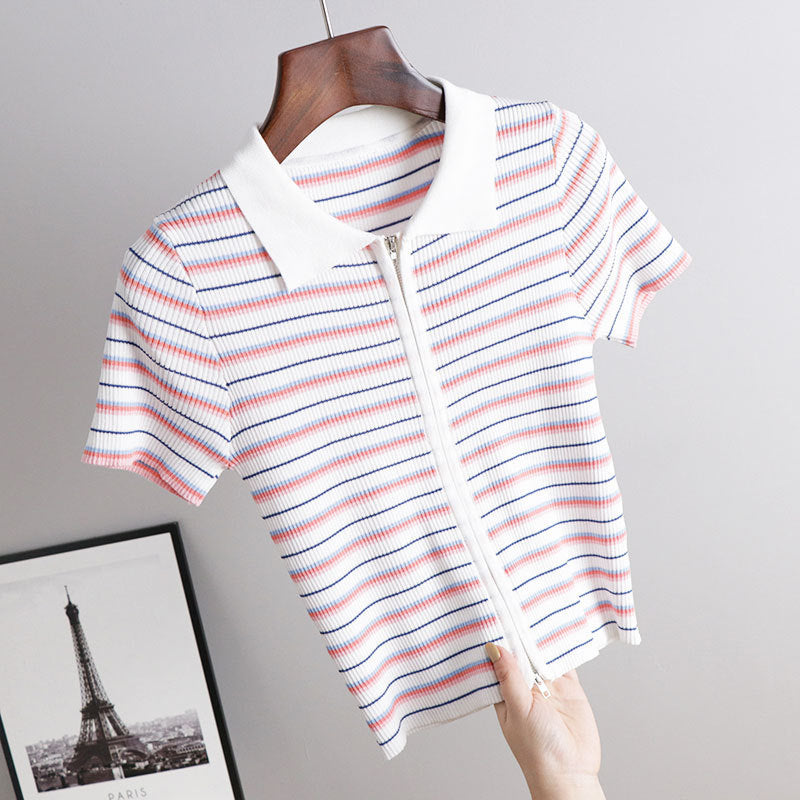Polo Neck Striped Short Sleeve T-Shirt