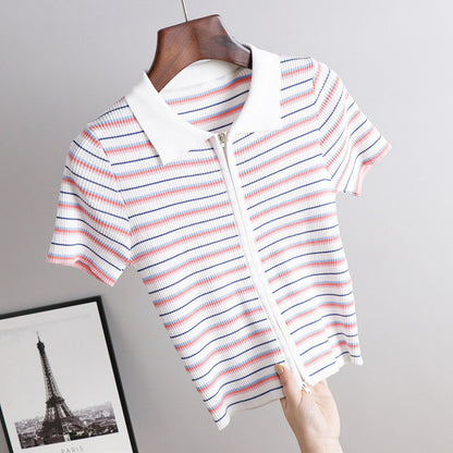 Polo Neck Striped Short Sleeve T-Shirt