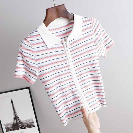 Polo Neck Striped Short Sleeve T-Shirt