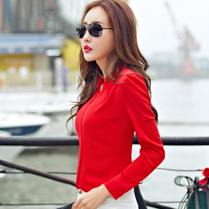 autumn new women's shirt white shirt V-neck slim long-sleeved chiffon shirt