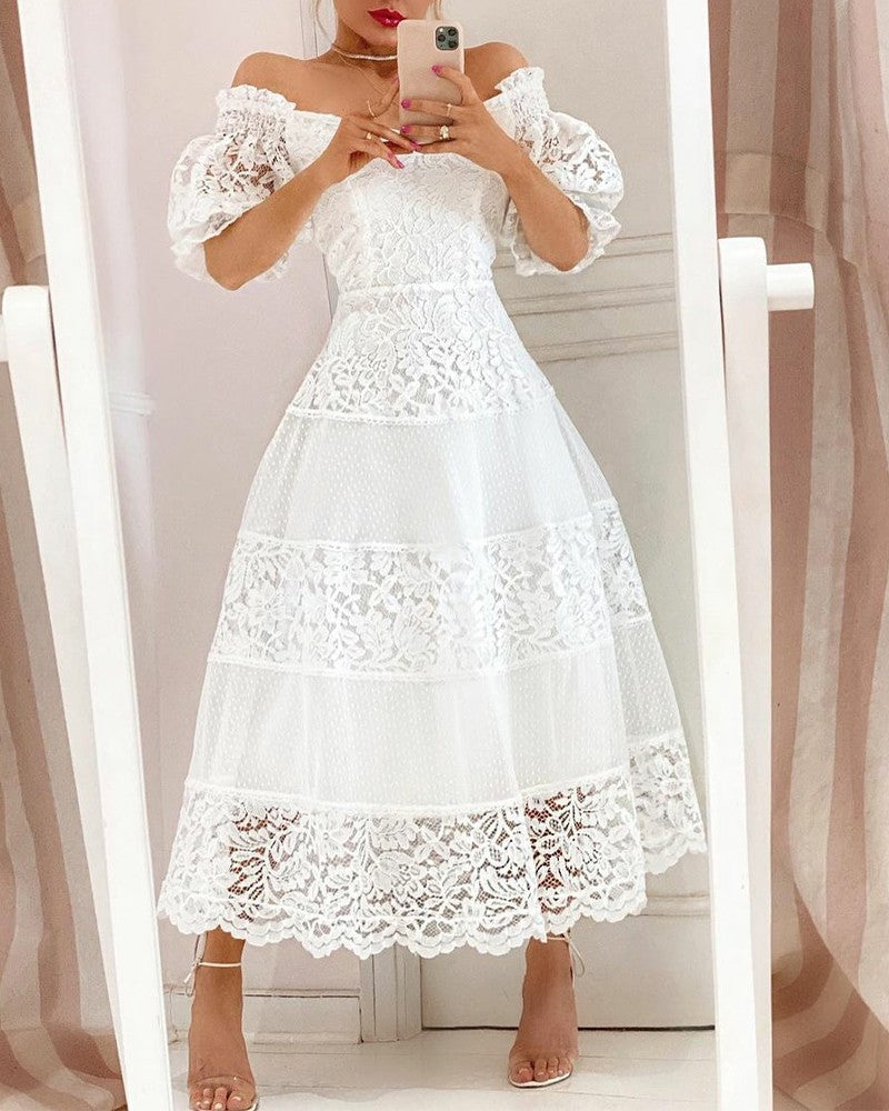 V Neck Lace Stitching Large Hem Long Skirt Puff Sleeve Temperament Dress