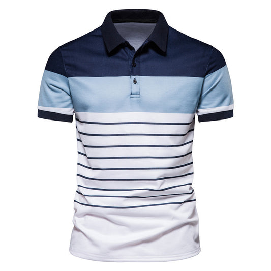 Summer New European And American Men's Fashion Striped Stitching Contrast Color Short Sleeve Lapel T-shirt Polo Shirt Men