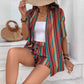 Holiday Floral Print Elegant Two-piece Shirt Short Sleeve Top Drawstring High Waist Shorts