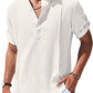 Henley Style Linen Shirt Men Casual Beach Shirt Short Sleeve T-Shirt Summer